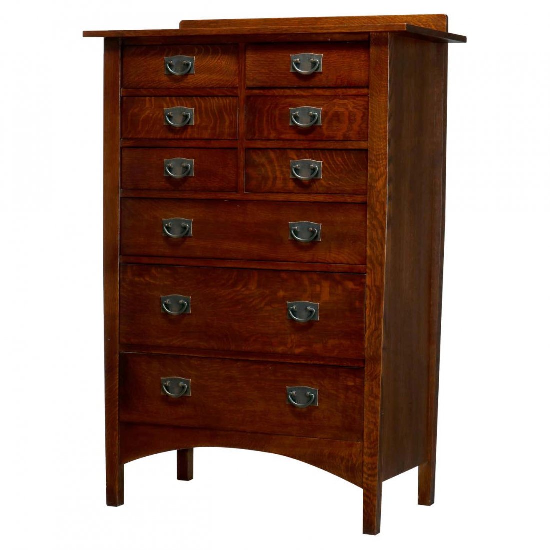 Mission Oak Arts & Crafts Stickley after H. Ellis Chest: An antique Arts and Crafts mission high chest of drawers by Stickley after Harvey Ellis Design offers quarter sawn oak construction with backsplash surmounting six small drawers over three graduated l