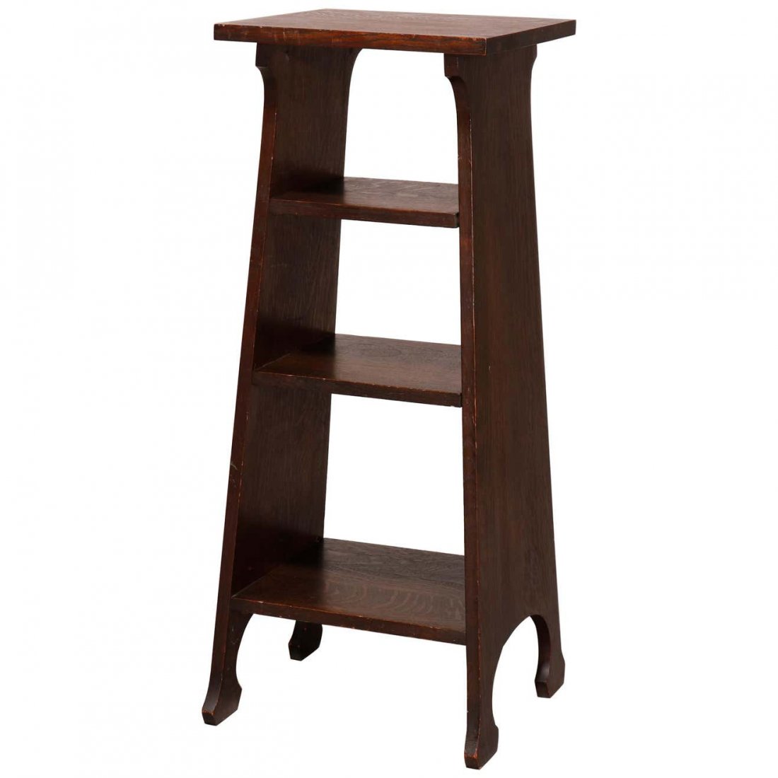 Arts & Crafts Stickley Tobey School Oak Magazine Stand: An antique Arts and Crafts magazine stand in the manner of Stickley for Tobey School offers oak construction with tapered slat sides with cutout legs, c1910. Measures: 36\" height x 14\" diameter. ***