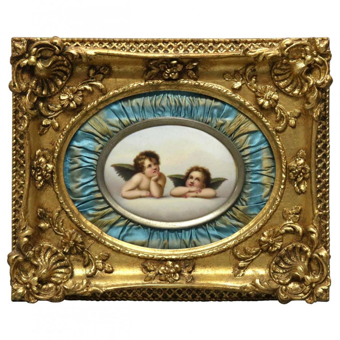 KPM School Painting on Porcelain of Winged Cherubs: An antique painting on porcelain in the manner of KPM offers two Classical cherubs, seated in satin lined giltwood frame, 19th century. Measures: 10" H x 12" W x 2.25" D. *** NOTE - Onsite retrieval i