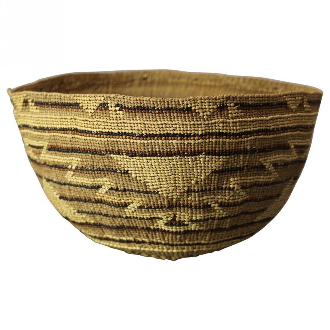 Antique Southwest Native American Indian Pima Basket: An antique Southwest Native American Indian Pima basket offers handwoven geometric and serrated design, circa 1920. Measures: 4" H x 7" W x 6" D. *** NOTE - Onsite retrieval is always welcome at no ch
