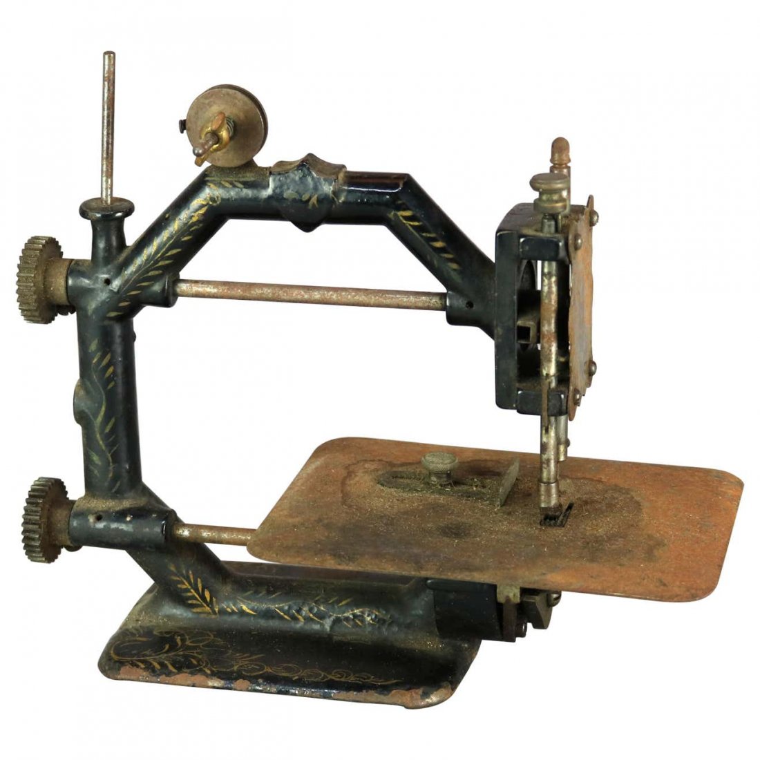 Rare Early New England Ebonized & Gilt Sewing Machine: An antique early New England ebonized finish having gilt foliate decoration, c1850. Measures: 8.25" H x 9.5" W x 4.5" D *** NOTE - Onsite retrieval is always welcome at no charge. Additionally, this i
