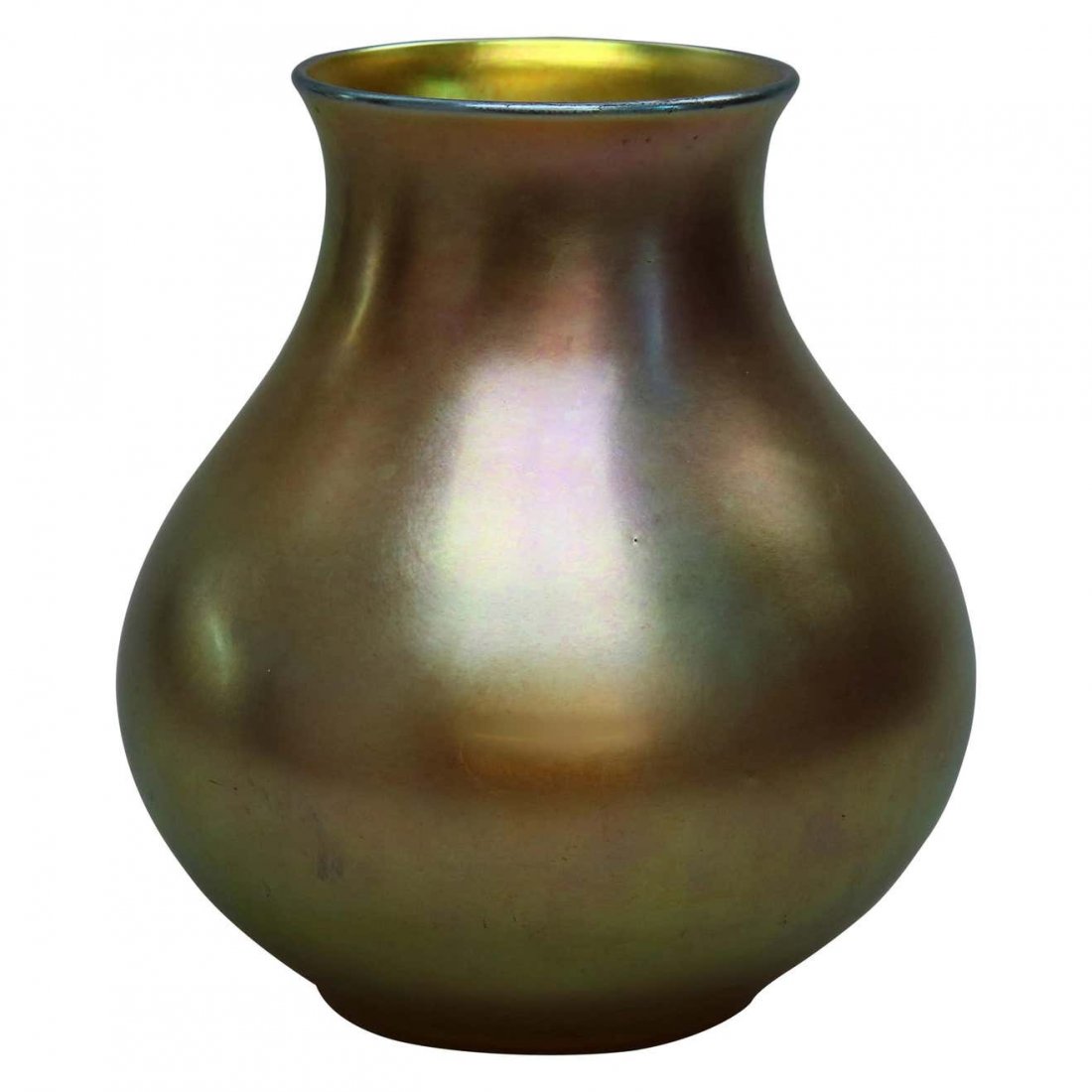 Large Steuben Aurene Bulbous Art Glass Vase, Signed: An antique and large Arts and Crafts vase by Steuben offers Gold Aurene art glass in bulbous form, signed on base as photographed, c1920. Measures: 9.5" height x 8.25" diameter. *** NOTE - Onsite retr