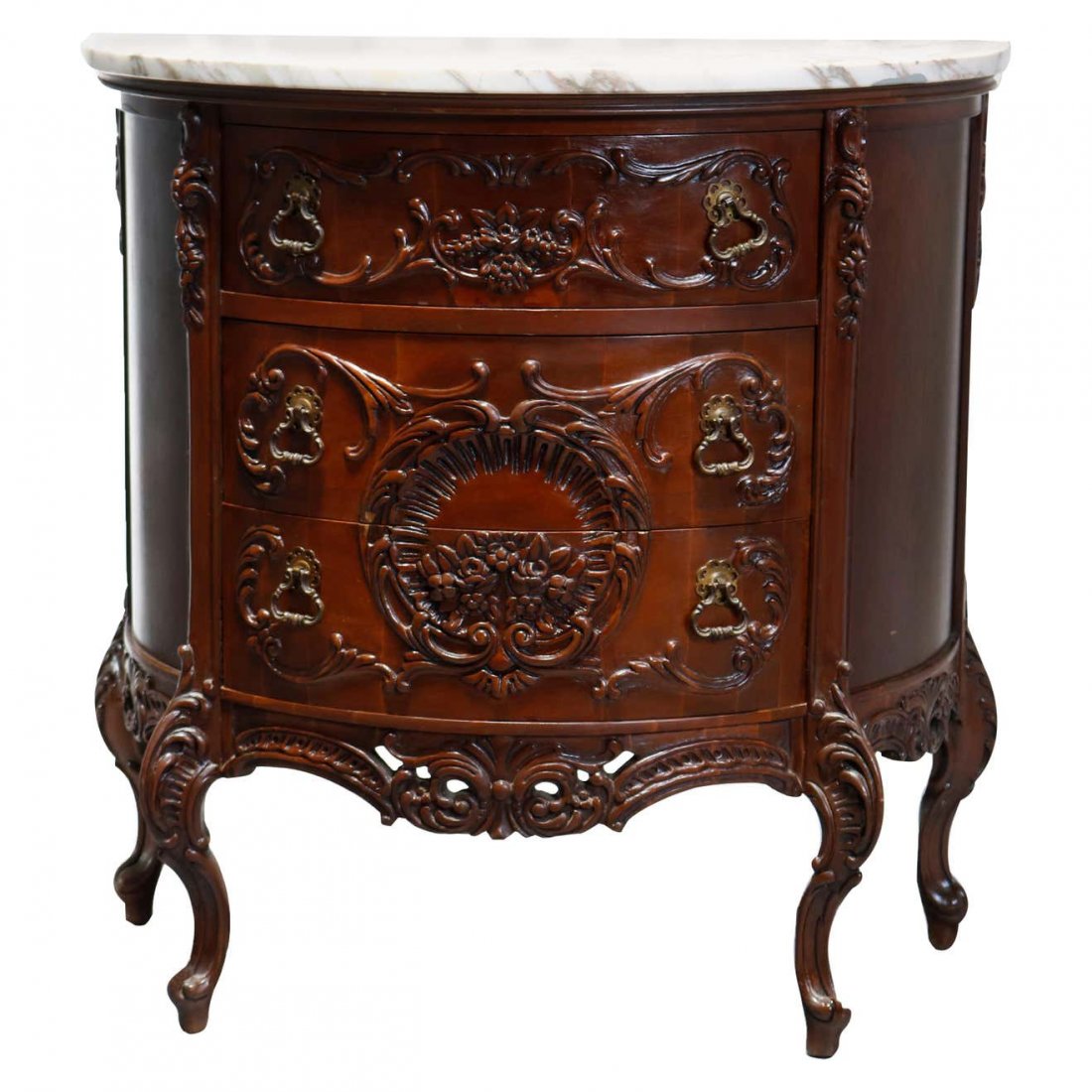 French Carved Mahogany Marble Top Demilune Commode: An antique French Louis XV commode offers marble top surmounting mahogany demilune case having three drawers, foliate and scroll carving over pierced skirt, raised on cabriole legs with acanthus carve