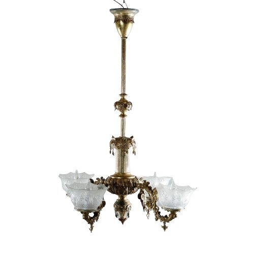 Cornelius School Elephant Electrified Gas Chandelier: An antique figural electrified gas chandelier in the manner of Cornelius offers bronzed cast metal and brass Moorish styled frame with four s-scroll arms, each having a decorated elephant head with fl