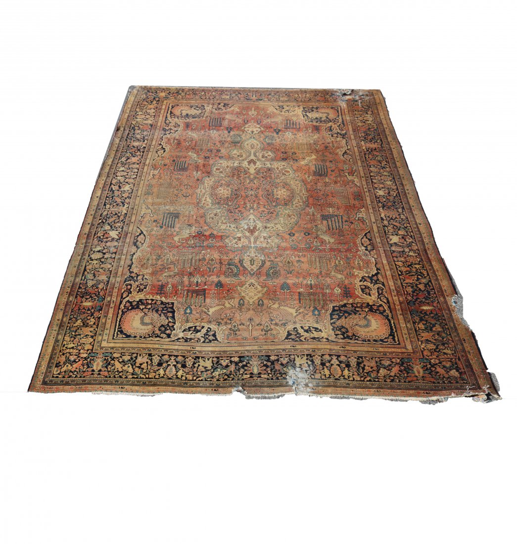 Farahan Sarouk Room Size Oriental Rug with Peacocks: An antique Farahan Sarouk room size oriental rug offers wool construction with central medallion and having stylized floral, foliate and figural elements to include birds and peacocks, c1900. Measures