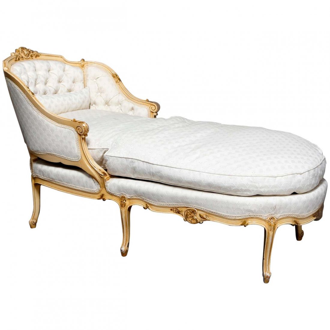 Louis XV Style Carved & Gilt Button Back Recamier,c1830: An antique French Louis XV style Recamier offers painted and gilt carved scroll form wood frame having shell and foliate form crest and accents, curved back with scroll arms and legs, upholstered with