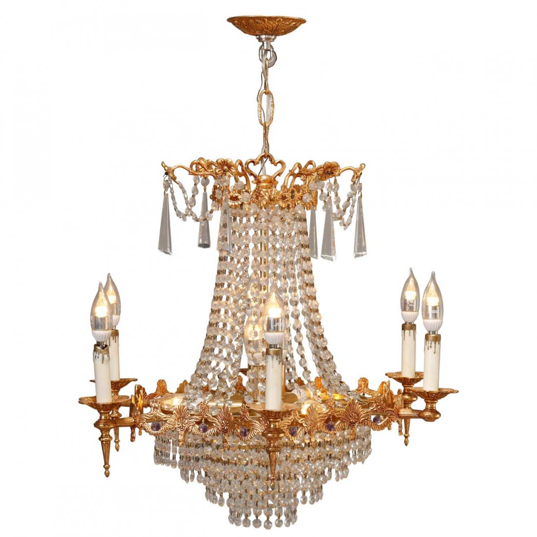 Vintage French Gilt & Tiered Crystal 6-Light Chandelier: Vintage French gilt and tiered crystal six-light chandelier, 20th century a vintage French chandelier offers gilt metal frame having scroll, foliate and drape elements with six arms terminating in can