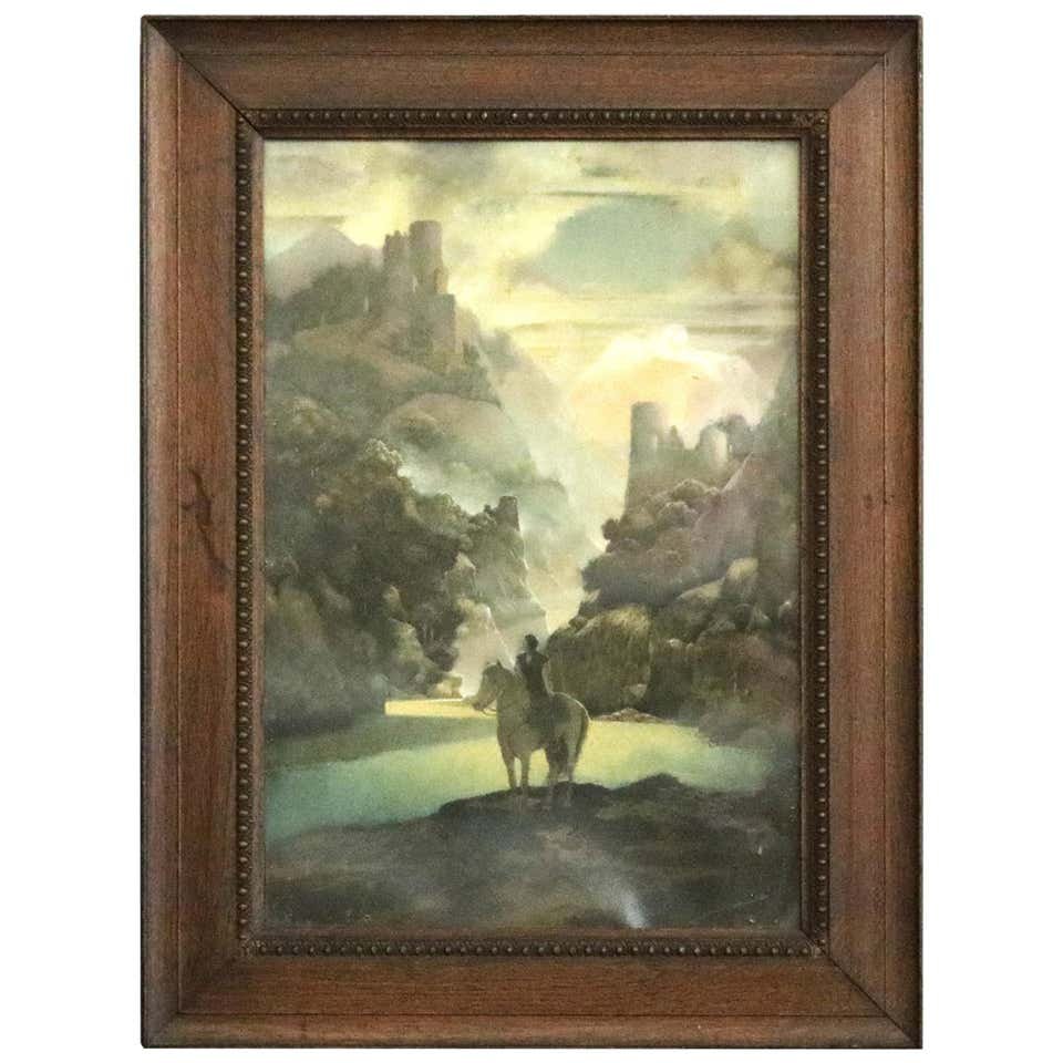 Early Parrish Print "Aucassin Seeks for Nicolette": Antique early print after Maxfield Parrish "Aucassin Seeks For Nicolette" from the series "Land of Make Believe" depicts a white horse with rider in mountainous landscape with stream and castled crags