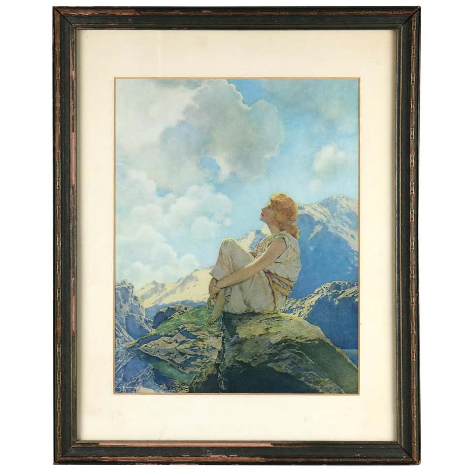 Art Deco Maxfield Parrish "Morning" Print: Art Deco antique print of "Morning" after original by Maxfield Parrish, framed, Reinthal & Newman, circa 1920. Measures: 19.75" H x 15.75" W x 1.25" D. *** NOTE - Onsite retrieval is always welcome at
