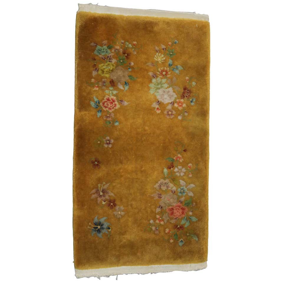 Antique Chinese Nichols Style Oriental Wool Area Rug: An antique Chinese Nichols style area rug offers wool construction with detached floral spray on gold ground, circa 1920. Measures: 27.5" H x 24.25" W. *** NOTE - Onsite retrieval is always welcome at