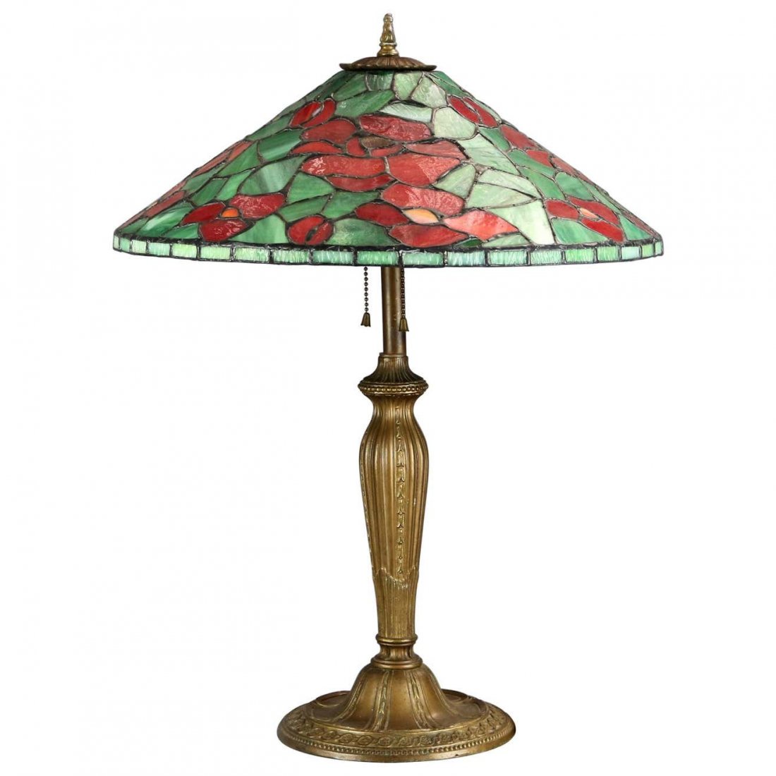 Arts & Crafts Handel School Mosaic Leaded Glass Lamp: An antique Arts and Crafts table lamp in the manner of Handel offers floral mosaic leaded stained glass shade surmounting cast double socket base, c1920. Measures: 24" height x 17.75" diameter. *** NO