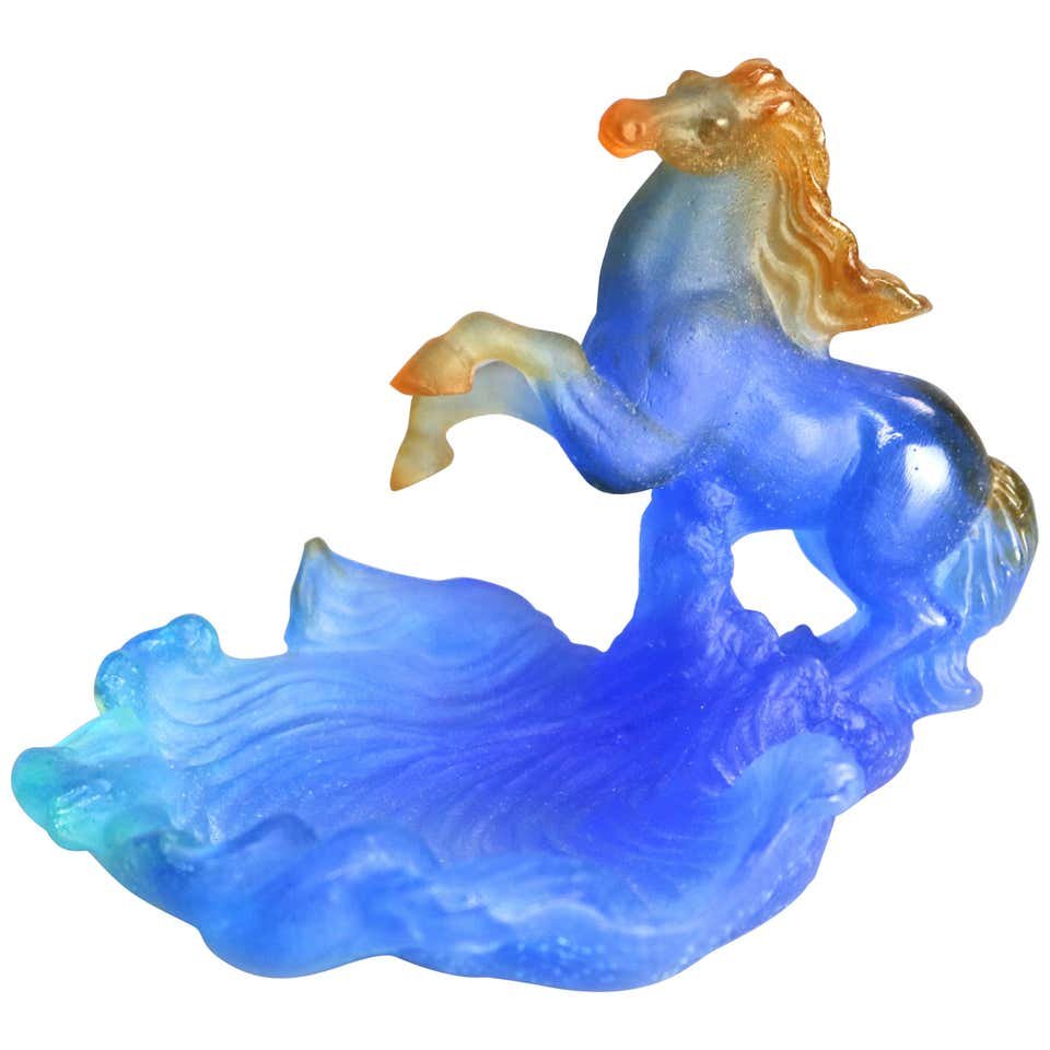 French Daum Nancy Pate de Verre Art Nouveau Horse Dish: An antique French Art Nouveau figural dresser dish by Datum Nancy offers Pate de Verre art glass construction with horse over water form bowl, signed as photographed, 20th century. Measures: 4.25" H x