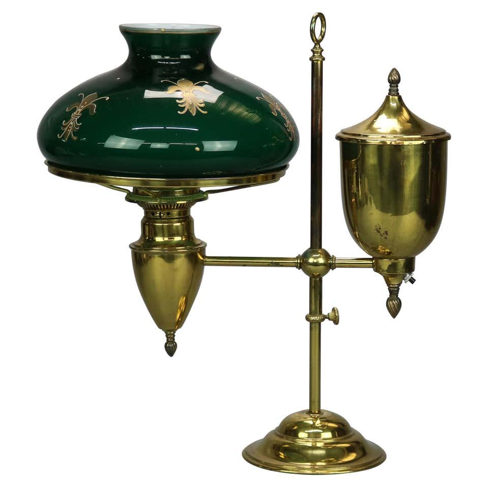 Harvard School Brass Student Lamp, Gilt Decorated Shade (1 of 16)