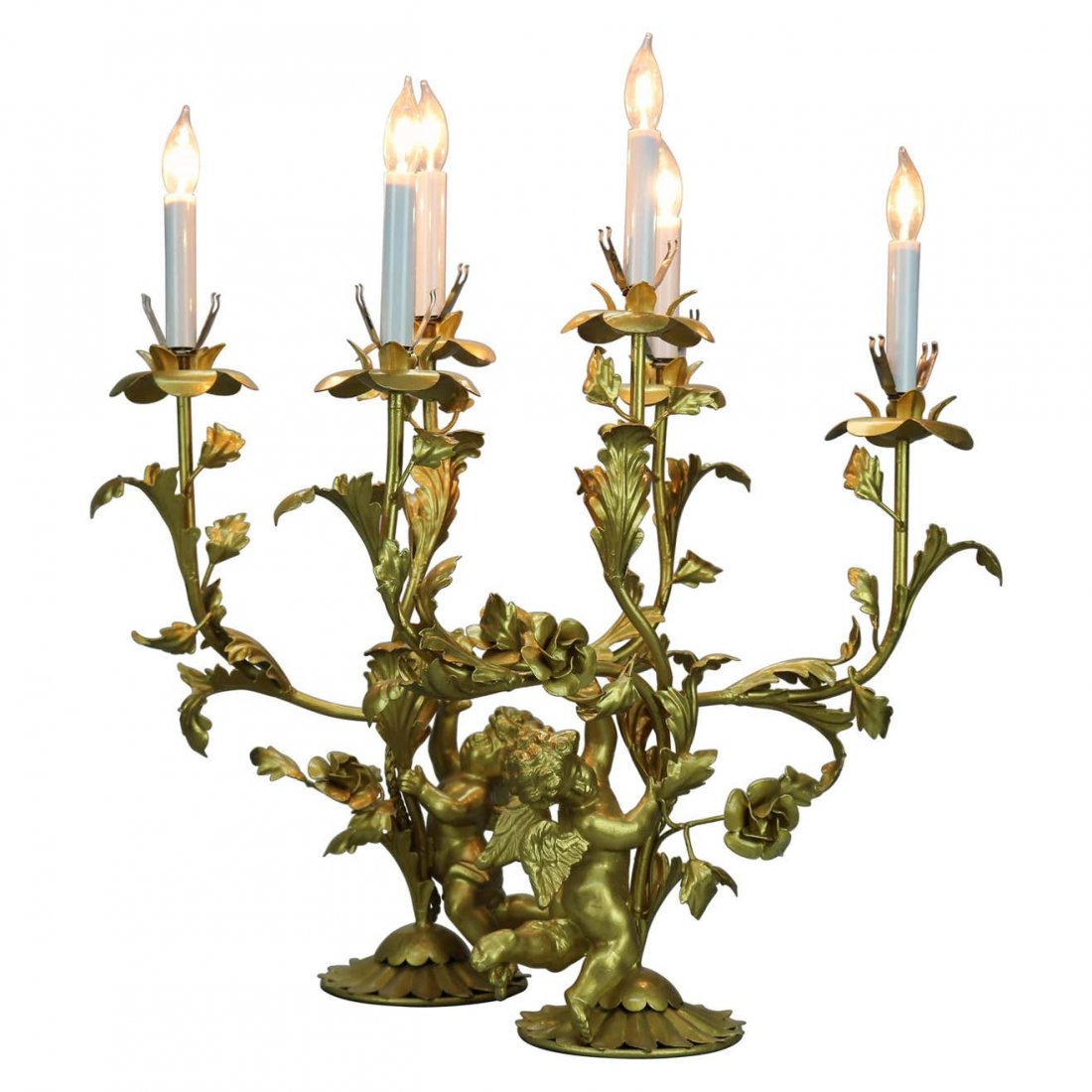 Lg Neoclassical Gilt Cherub & Foliate Candelabra Lamps (1 of 13)