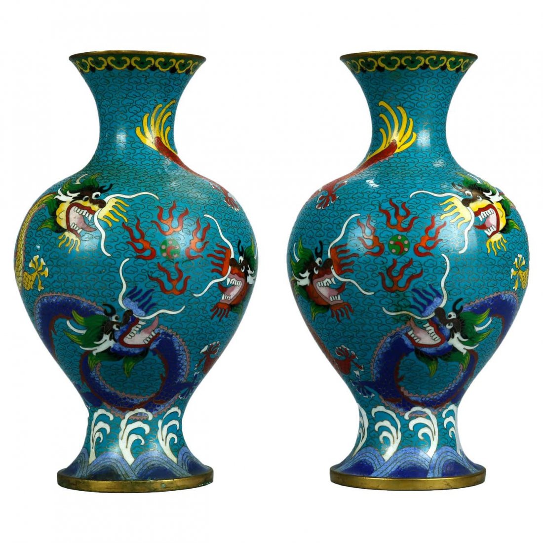 Pair Chinese Meiji Cloisonne Enameled Dragon Vases (1 of 6)