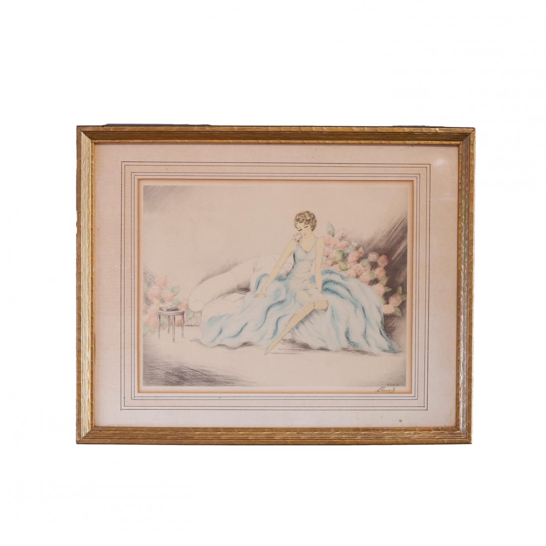 Art Nouveau Icart School Boudoir Etching by Chanel 1934: An Art Nouveau boudoir etching in the manner of Louis Icart offers interior scene having a young woman in a dress with flowers and book, lower right dated in plate and artist signed Chanel in pencil, 