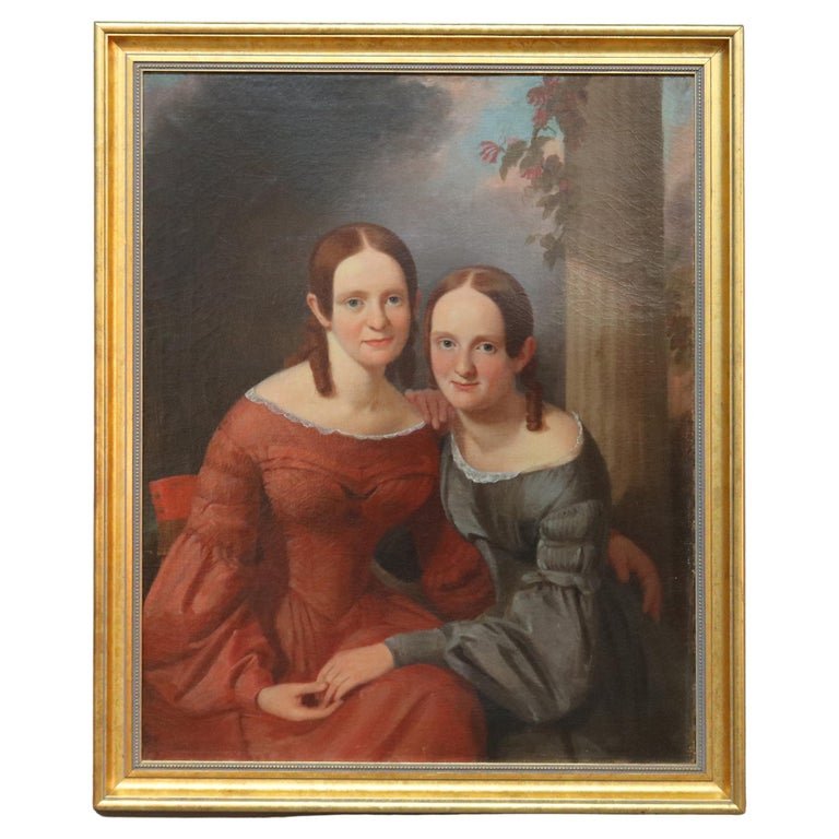 Large Antique Oil on Canvas Portrait Painting, Sisters (1 of 20)