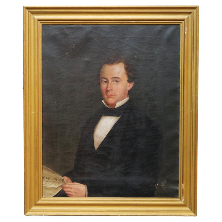 Lg Early Antique Portrait Painting, Man with NY Times (1 of 15)