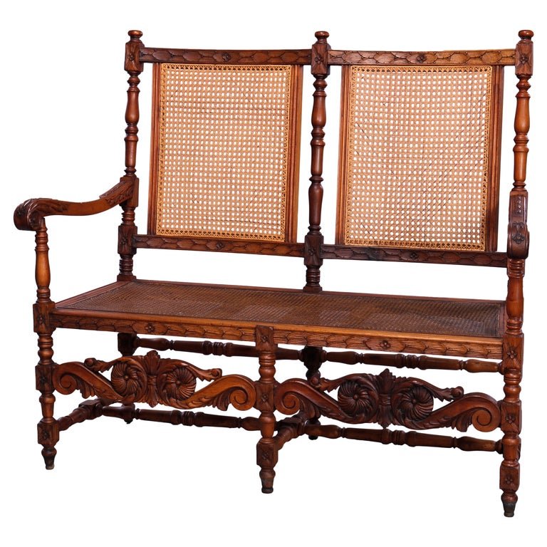 Antique Continental Carved Walnut Edwardian Cane Bench (1 of 11)