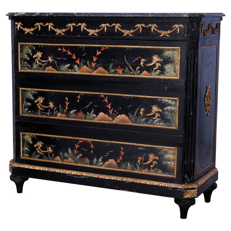 French Chinoiserie Decorated, Ebonized & Marble Chest (1 of 18)