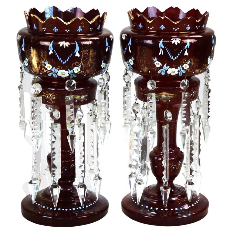 Antique Pair Gilt Decorated Cranberry Glass Mantle Lust (1 of 8)