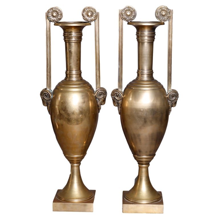 Pair Egyptian Revival Figural Bronze Urns w/ Rams Head (1 of 12)