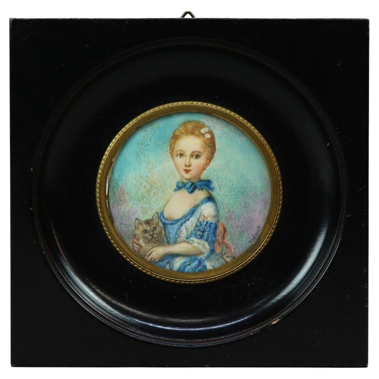 Antique Miniature Watercolor Portrait Painting, Girl & Cat, Artist Signed, c1920 (1 of 15)