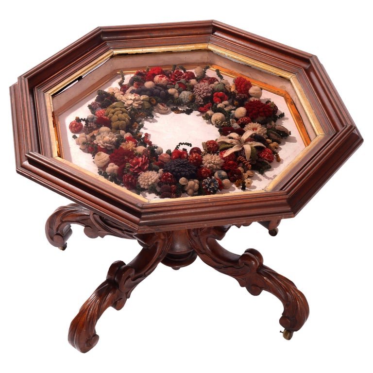 Antique Victorian Figural Carved Walnut Floral Shadow Box Frame Low Table c1890 (1 of 13)