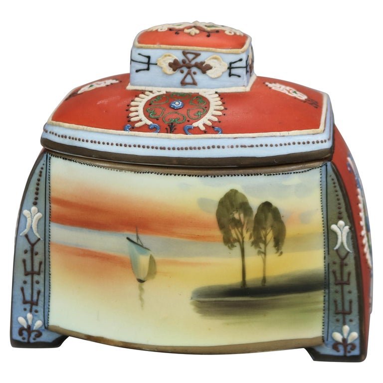 Antique Egyptian Revival Japanese Nippon Porcelain Humidor with Moriage, c1920 (1 of 10)