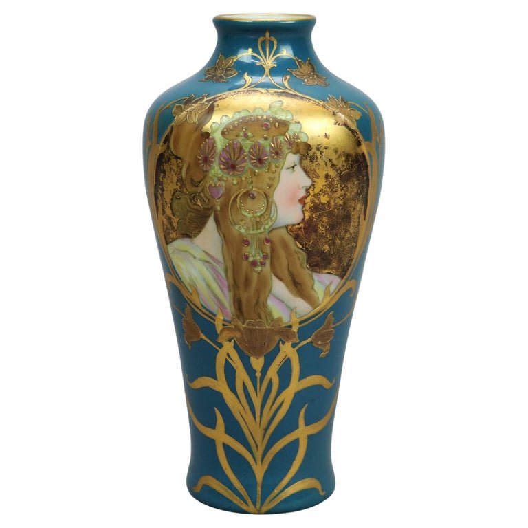 Antique Art Nouveau Hand Painted Gebruder Heubach Porcelain Portrait Vase c1900 (1 of 11)