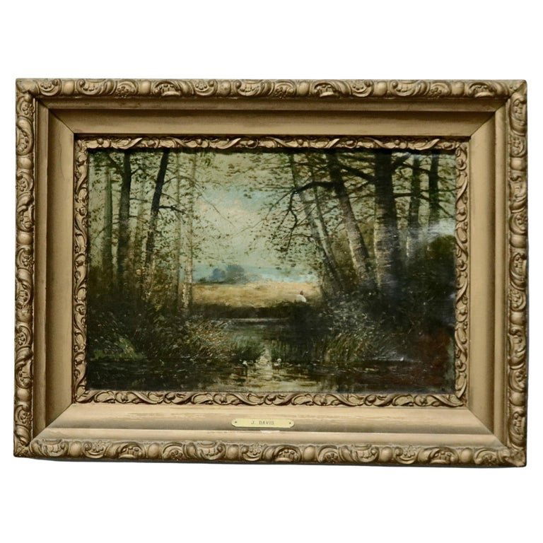 Antique Hudson River School Landscape Painting with Figure by J. Davis, c1890 (1 of 15)