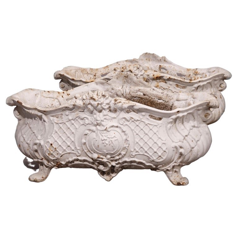 Pair Rococo Style Painted Cast Iron Low Urn Planters 20th C (1 of 9)