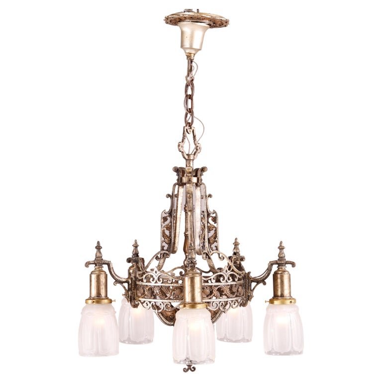 Antique Arts & Crafts Gilt Metal Five-Light Hanging Chandelier, Circa 1915 (1 of 11)