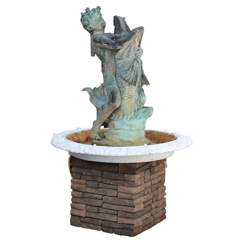 Bronzed Cupid & Dolphin Figural Fountain in Victorian Cast Iron Basin, 20th C (1 of 10)