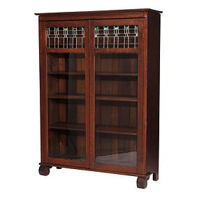Antique Arts & Crafts Mission Oak Double Door Leaded Glass Bookcase, Circa 1910 (1 of 18)
