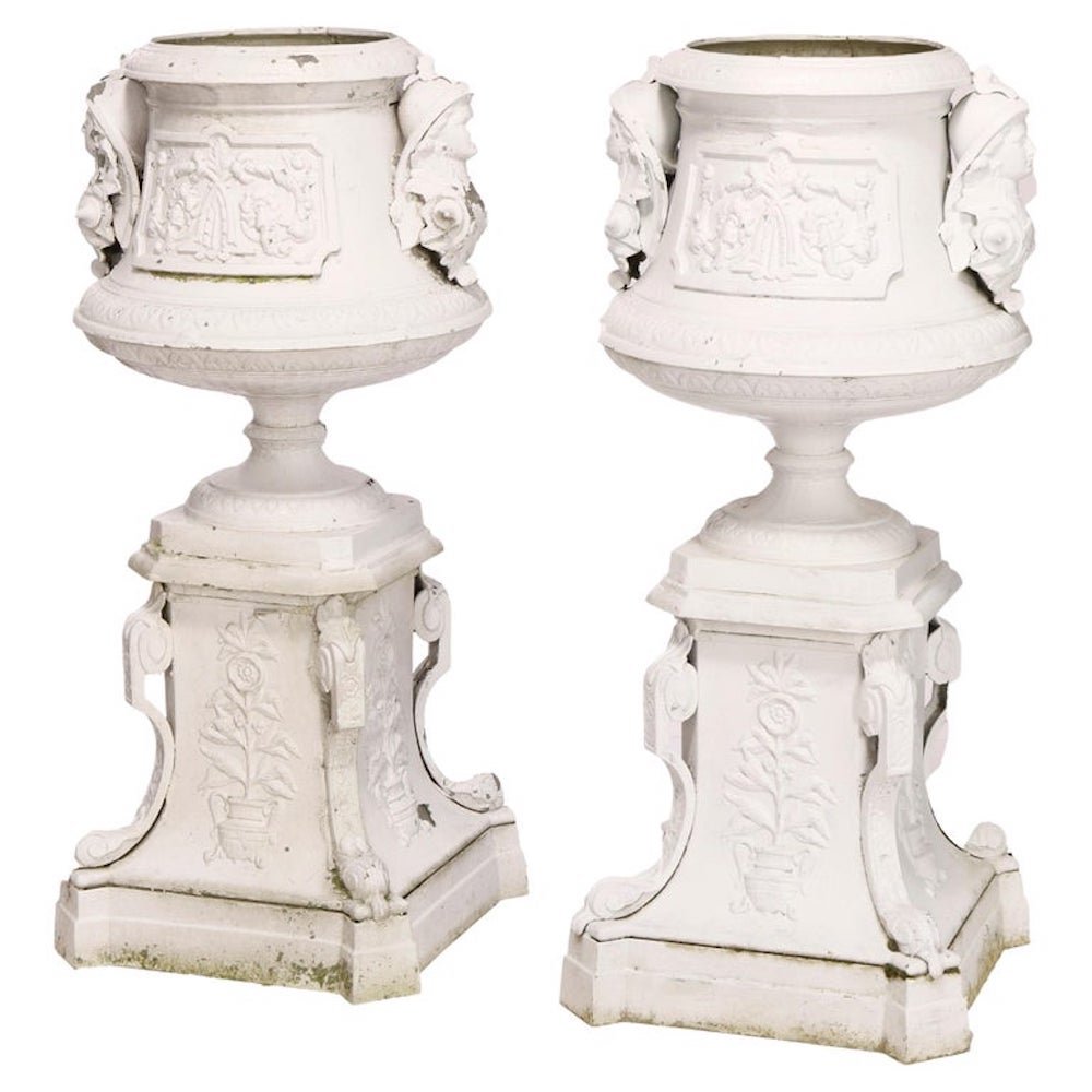 Pair Painted Cast Iron Classical Roman Figural Garden Urns 20th C (1 of 12)