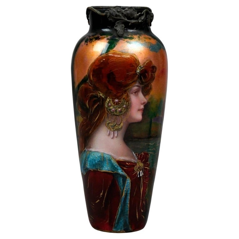Antique French Enamel Over Copper Portrait Vase & Bronze Mounts, Signed, 19th C (1 of 11)