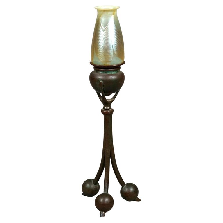 Tiffany Bronze Candlestick & Favrile Feather Art Glass Shade, Signed, c1920 (1 of 17)