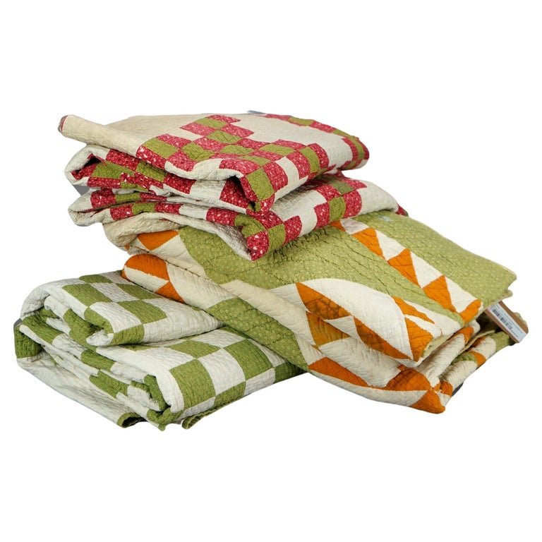 Three Antique Green & White Lancaster, PA Amish Hand Made Quilts Circa 1900 (1 of 20)