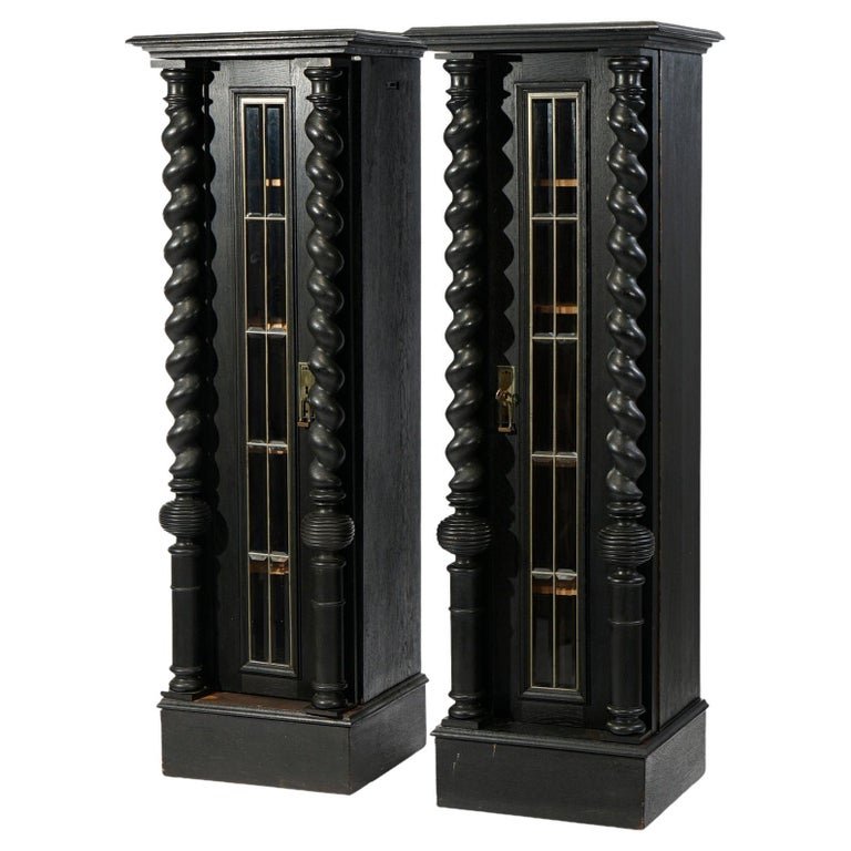 Antique Elizabethan Style English Oak Leaded Glass Tall Bookcase Cabinets, c1900 (1 of 20)