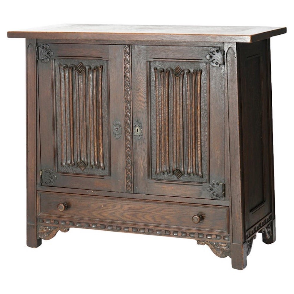 Antique Gothic Style Figural Carved English Oak Linen Fold Design Credenza c1910 (1 of 20)