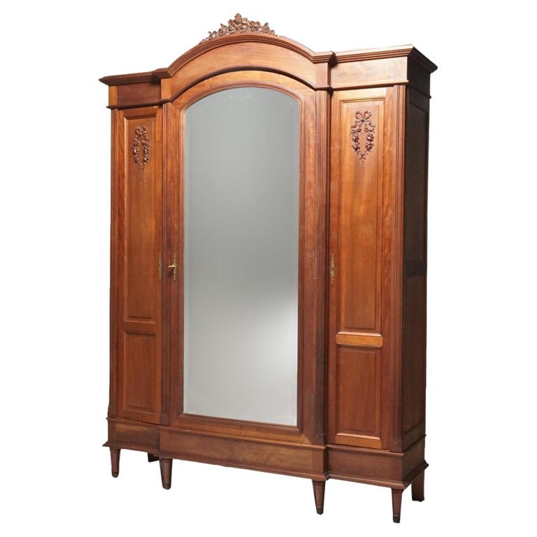 Antique French Louis XVI Carved Mahogany Triple Door Mirrored Armoire 19th C (1 of 18)