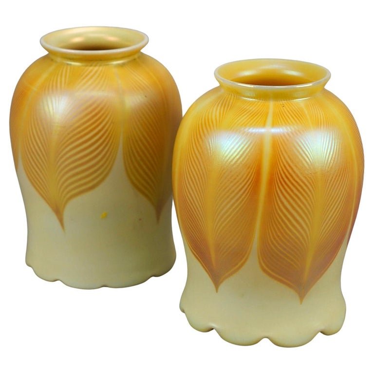 Pair of Antique Art & Crafts Steuben Pulled Feather Art Glass Shades, c1920 (1 of 6)