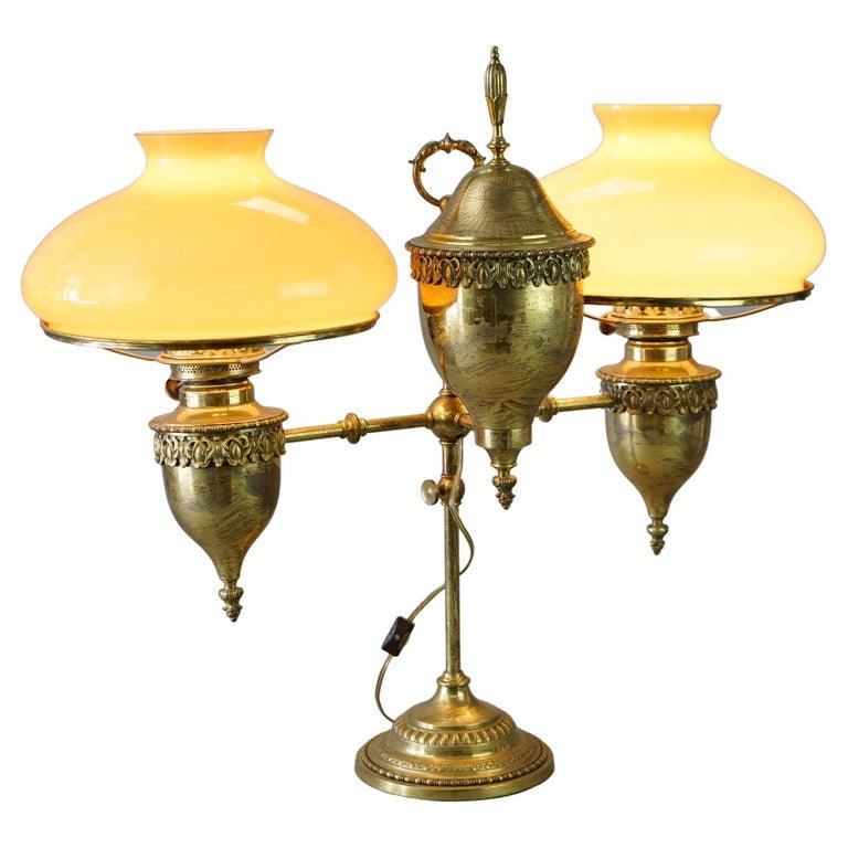 Antique Harvard Brass Double Student Lamp with Cased Glass Shades, c1890 (1 of 15)