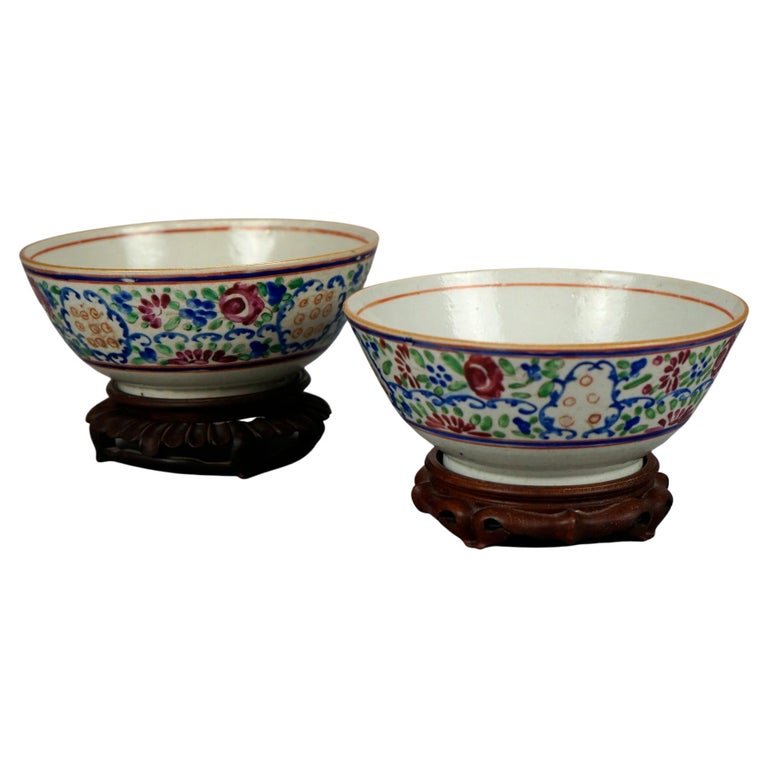 Two Antique Chinese Porcelain Floral Painted Rice Bowls & Hardwood Stands, 19thC (1 of 11)