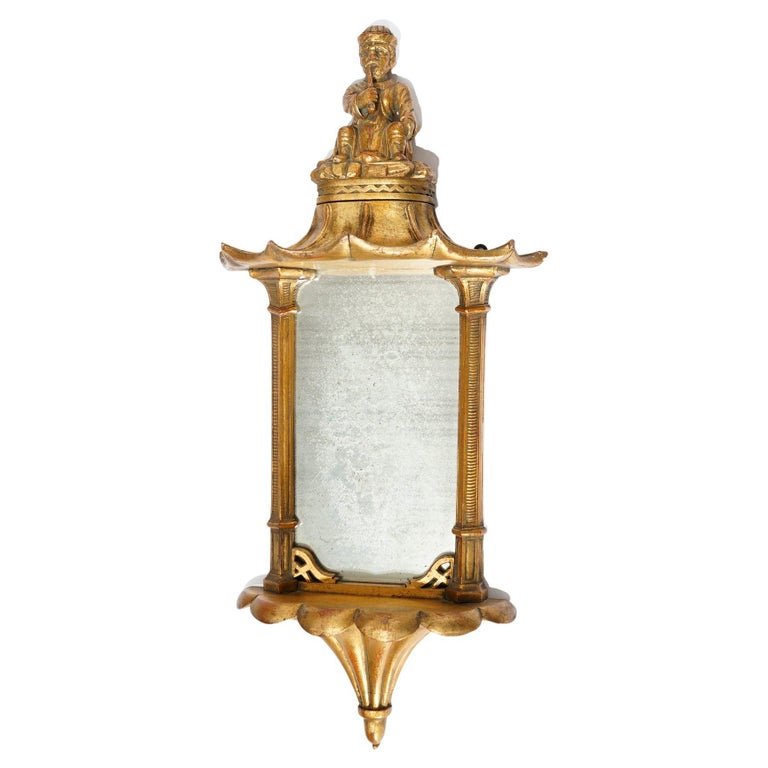 Antique Chinese Chippendale Figural Giltwood Mirrored Wall Sconce Late 19th C (1 of 12)