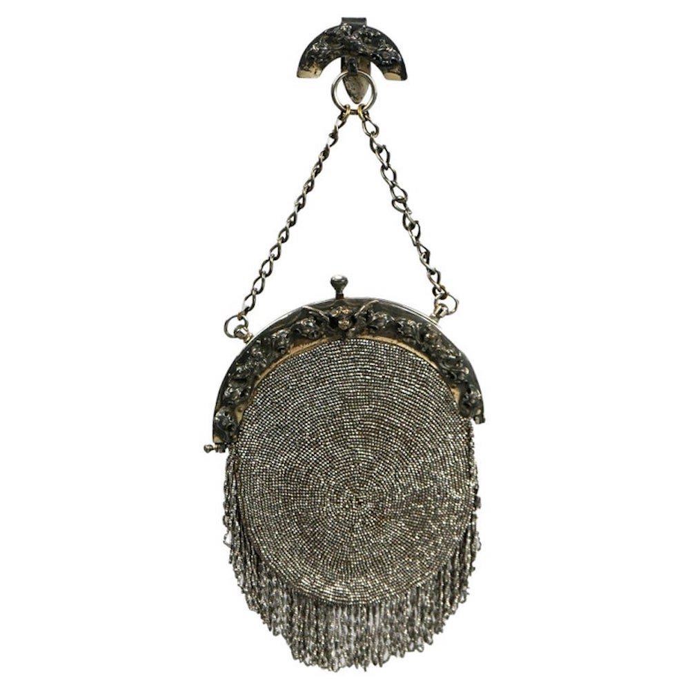 Antique Victorian Silver Plate & Mesh Beaded Figural Hand Bag, c1890 (1 of 15)