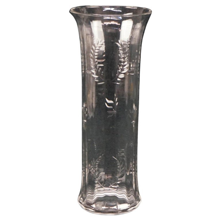 Antique Elegant Clear Paneled Glass Vase, Etched Laurel Wreath & Flower, c1920 (1 of 6)