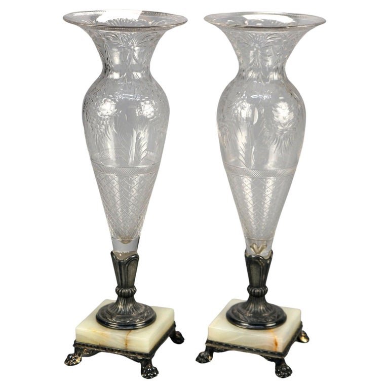 Pairpoint Cut Glass Clear Vases with Silver Plate & Onyx Bases, Signed, c1900 (1 of 18)