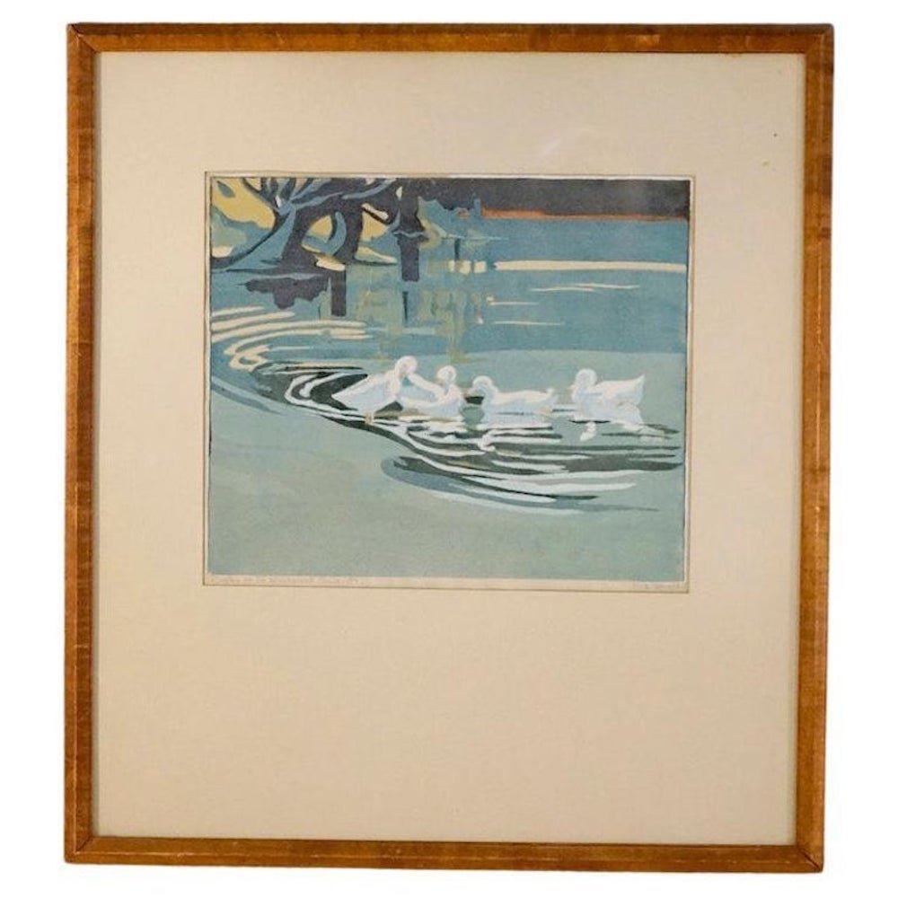 Antique Mary E Wrinch Block Print, "Ducks on the Pond - Wychwood Park" #9/100 (1 of 15)